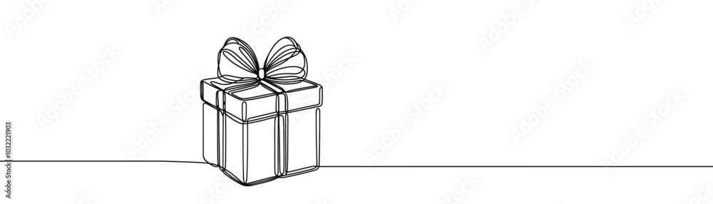 Single drawing with a continuous line on a white background. Gift box with bow, holiday and Christmas concept Single drawing with a continuous line on a white background. Gift box with bow, holiday and Christmas concept