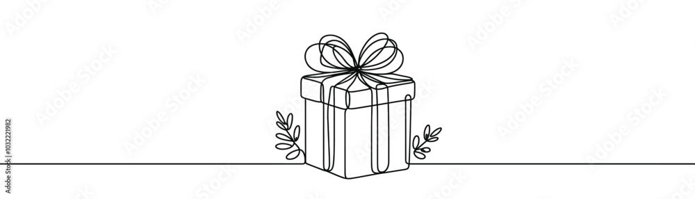 Single drawing with a continuous line on a white background. Gift box with bow, holiday and Christmas concept Single drawing with a continuous line on a white background. Gift box with bow, holiday and Christmas concept