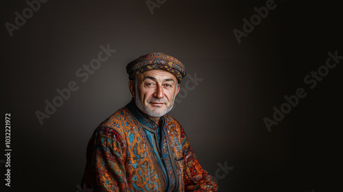 Portrait of a man with a rugged beard and short gray hair, wearing a casual blue shirt. He has a neutral, focused expression. photo