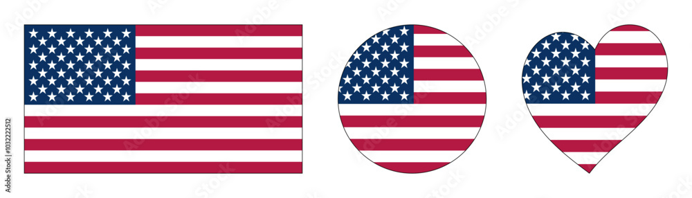 Set of three stickers with the US flag in the form of a rectangle, round and heart, isolated on a transparent background. Perfect for US elections, independence day or other American national holidays Set of three stickers with the US flag in the form of a rectangle, round and heart, isolated on a transparent background. Perfect for US elections, independence day or other American national holidays