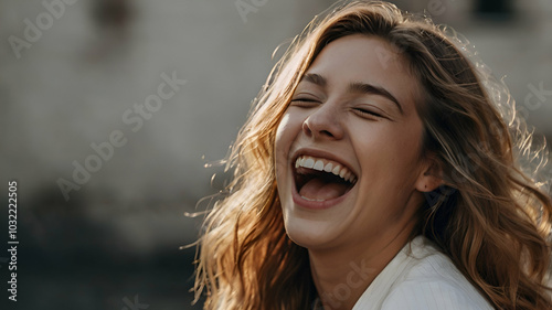 – A candid shot of someone mid-laugh, their head tilted back, eyes closed, and mouth open wide in a moment of pure, unrestrained joy,.1