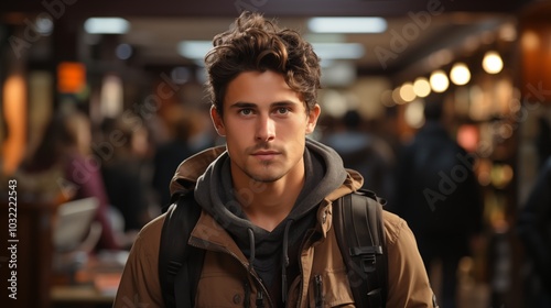 Cheerful male international student with backpack, standing near bookshelves at university library