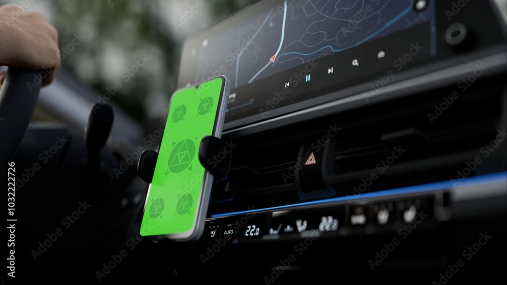 GREEN SCREEN CHROMA KEY A phone mounted on a car dashboard with a green screen, ideal for ride-hailing or navigation app mockups. Daytime, city setting, driving context