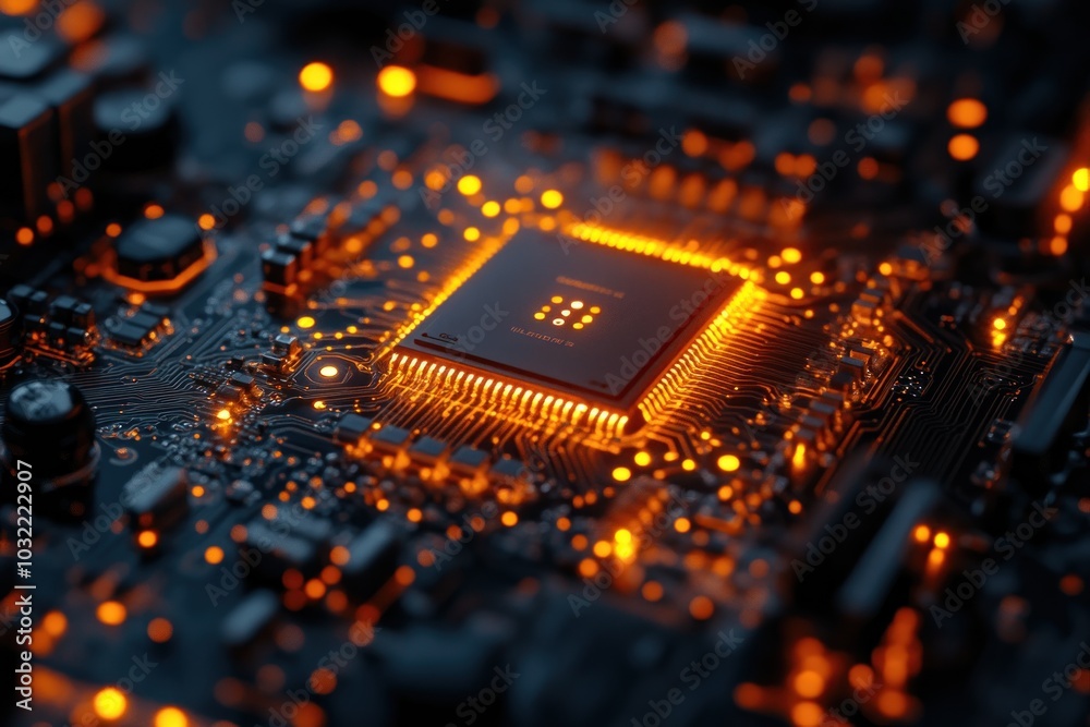 A close-up of a glowing CPU chip on a circuit board. A close-up of a glowing CPU chip on a circuit board.