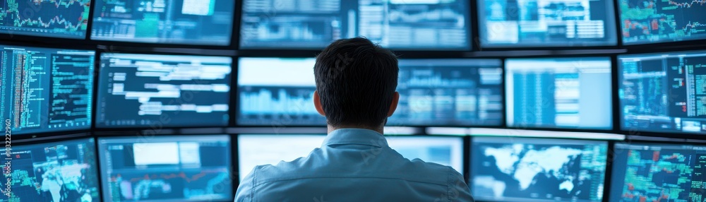 Person working in front of multiple computer screens displaying data and analysis. Person working in front of multiple computer screens displaying data and analysis.
