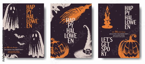 Trendy vector postcards with retro photocopy effect. A Halloween-style invitation. Pumpkin, ghost, bat, skeleton. Design for decoration and advertising.