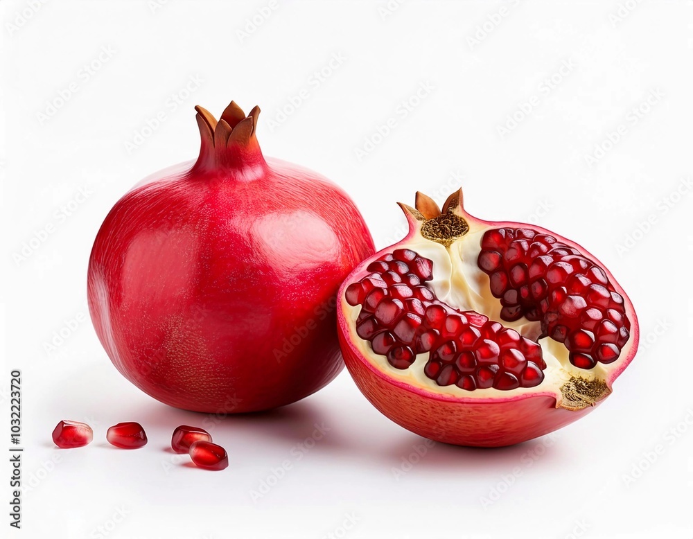Pomegranate fruits and half of pomegranate isolated on white background Pomegranate fruits and half of pomegranate isolated on white background