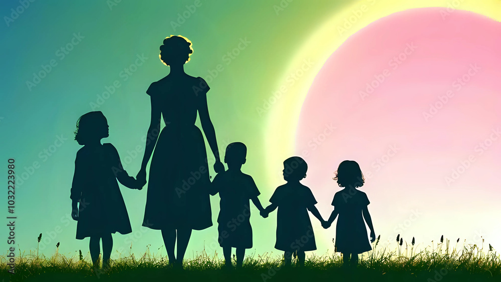 Mom on a walk with children against a beautiful sunset. Calm and unifying atmosphere, love and friendship concept - AI Generated Mom on a walk with children against a beautiful sunset. Calm and unifying atmosphere, love and friendship concept - AI Generated