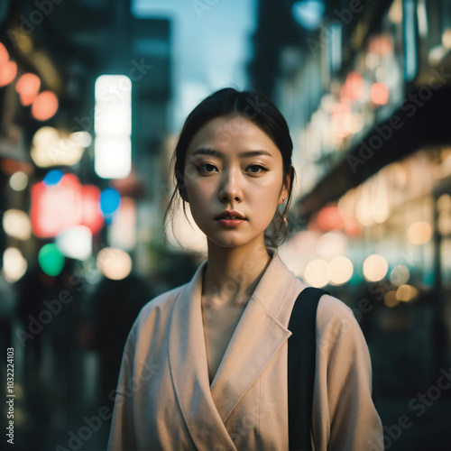 Young woman in a city street at dusk with blurred city lights in the background