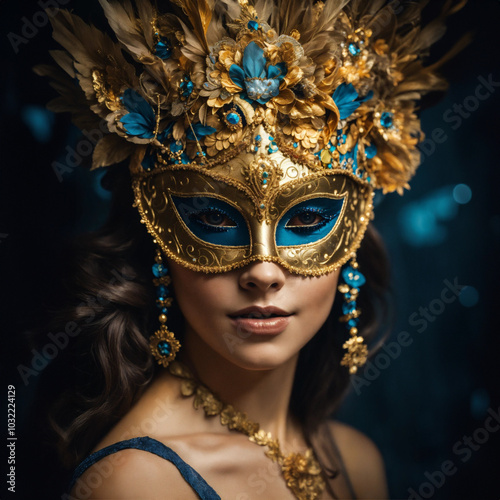 Woman in an ornate gold and blue masquerade mask with feathers and floral details