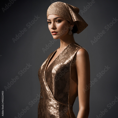 Elegant woman in metallic bronze gown and matching headscarf