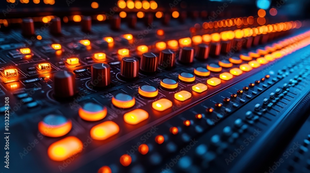 Close-up of a professional audio mixing console with glowing buttons and knobs. Close-up of a professional audio mixing console with glowing buttons and knobs.