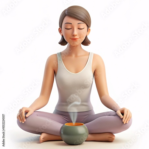 3D Serene Woman in Meditation Pose with Houseplant | Relaxation and Wellness Concept
