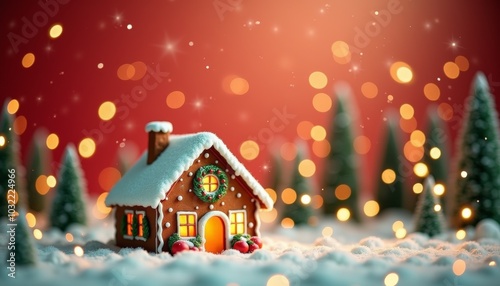 Nestled in a blanket of snow, a charming gingerbread house is decorated with vibrant holiday accents, emanating a warm glow amidst twinkling lights and fir trees