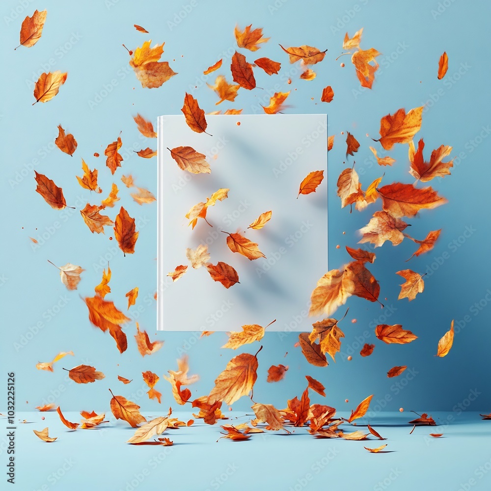 Artistic splash of autumn leaves swirling around a white blank book in midair creating a lively and inviting atmosphere perfect for reflecting on stories during World Book Day Artistic splash of autumn leaves swirling around a white blank book in midair creating a lively and inviting atmosphere perfect for reflecting on stories during World Book Day