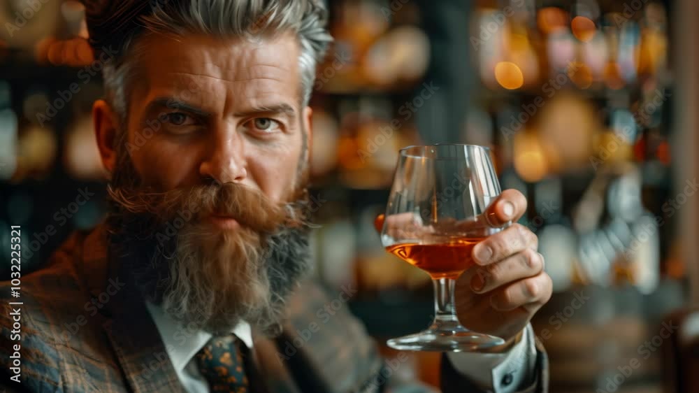 A sophisticated gentleman enjoys a glass of whiskey in an elegant bar during nighttime A sophisticated gentleman enjoys a glass of whiskey in an elegant bar during nighttime