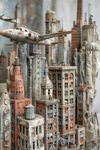 Explore the fusion of dystopian landscapes, key aviation moments, and unconventional camera angles in a mixed media creation Visualize a clay sculpture featuring towering skyscrapers, vintage planes, photo