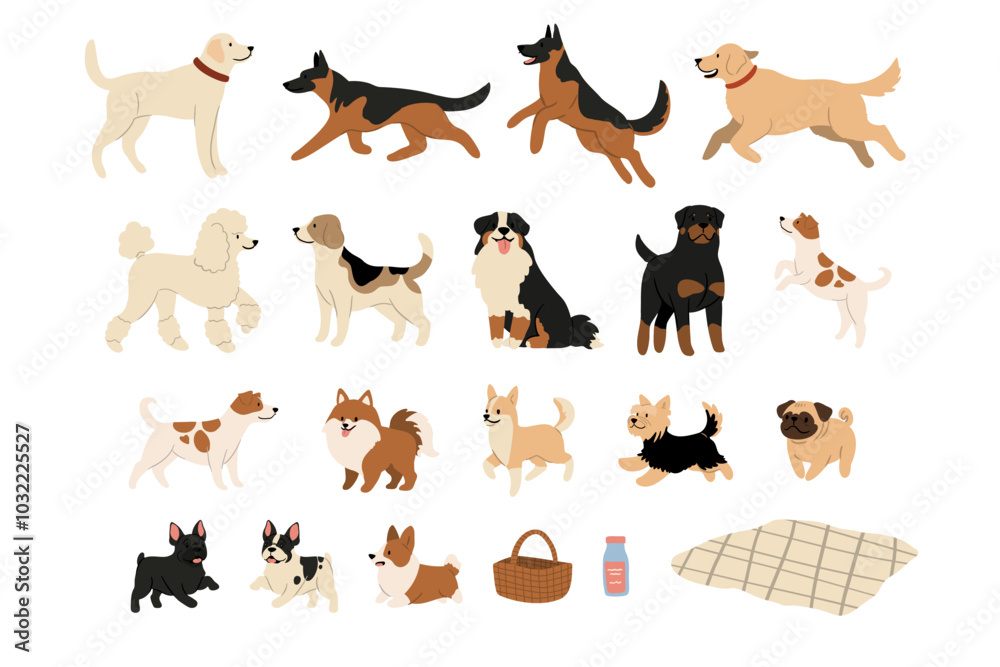 Illustration showcases a diverse dog clipart collection, featuring Labrador Retriever, German Shepherd, Golden Retriever, French Bulldog, Beagle, Pug, Corgi and more. Illustrated in various poses. Illustration showcases a diverse dog clipart collection, featuring Labrador Retriever, German Shepherd, Golden Retriever, French Bulldog, Beagle, Pug, Corgi and more. Illustrated in various poses.
