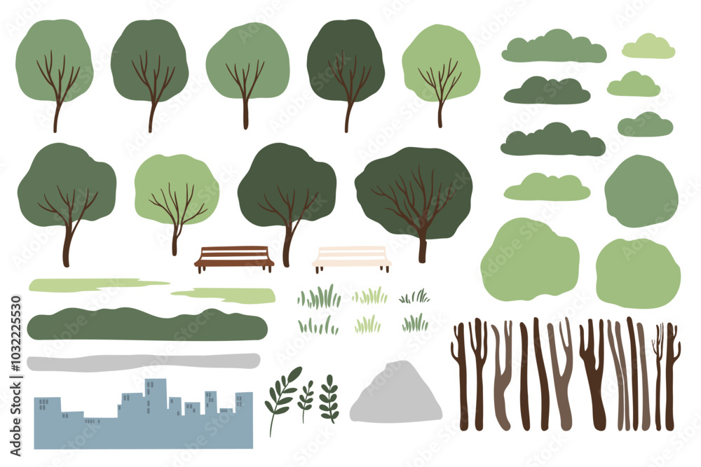 Collection of stylized landscape elements, including various tree shapes, bushes, clouds, hills, and a cityscape silhouette. Perfect for creating illustrations or digital scenes.