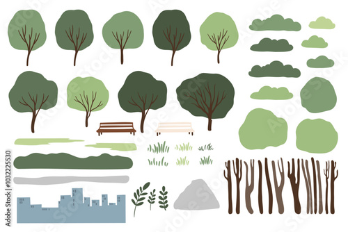 Collection of stylized landscape elements, including various tree shapes, bushes, clouds, hills, and a cityscape silhouette. Perfect for creating illustrations or digital scenes. photo