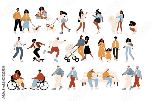 Vector illustration of diverse characters in everyday urban scenes. People walking dogs, skating, using wheelchairs, pushing strollers. Couples, families, individuals of various ages and ethnicities.