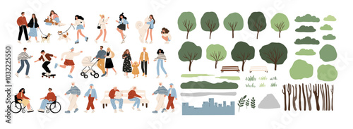 Vector illustration of a diverse group of individuals, lush trees and foliage. Hand-drawn style highlights inclusivity, featuring various people all ages, including wheelchair users, family on nature