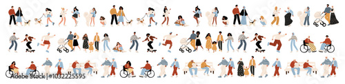 Vector illustration of diverse characters in everyday urban scenes. People walking dogs, skating, using wheelchairs, pushing strollers. Couples, families, individuals of various ages and ethnicities.