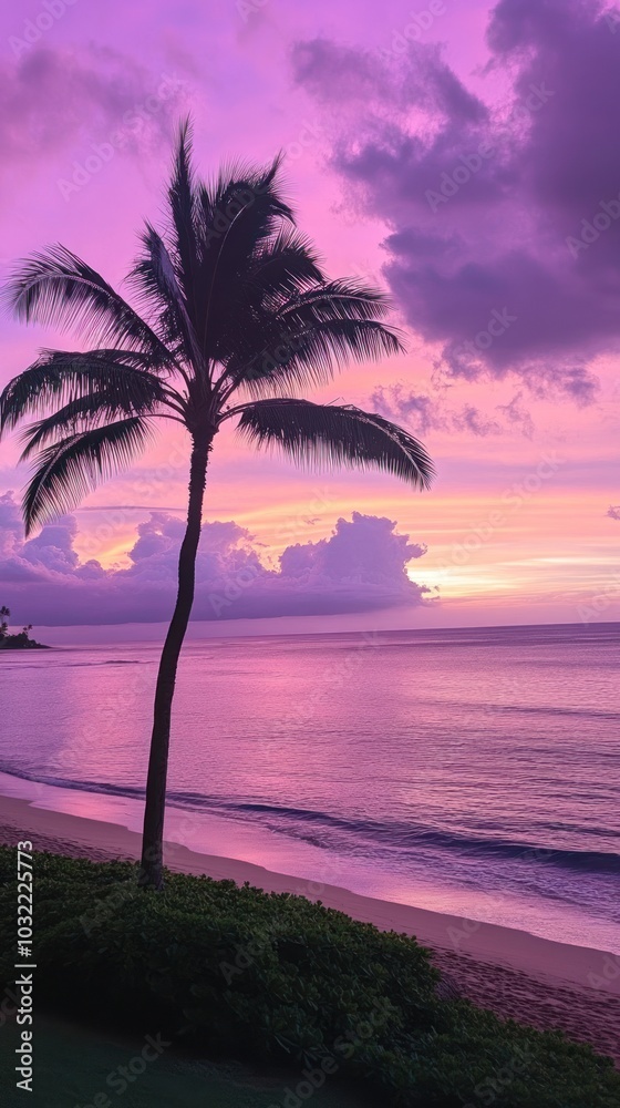 Palm Tree Silhouette Against a Vibrant Pink Sunset Over the Ocean Palm Tree Silhouette Against a Vibrant Pink Sunset Over the Ocean