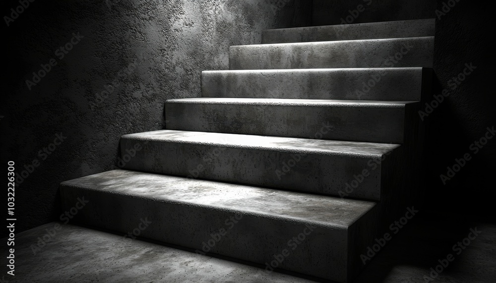 A dimly lit staircase made of concrete, leading upwards, creating a sense of mystery and depth. A dimly lit staircase made of concrete, leading upwards, creating a sense of mystery and depth.