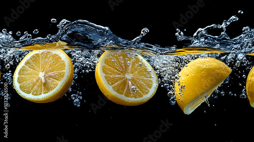Floating Lemon Slices in Clear Water on Black Background