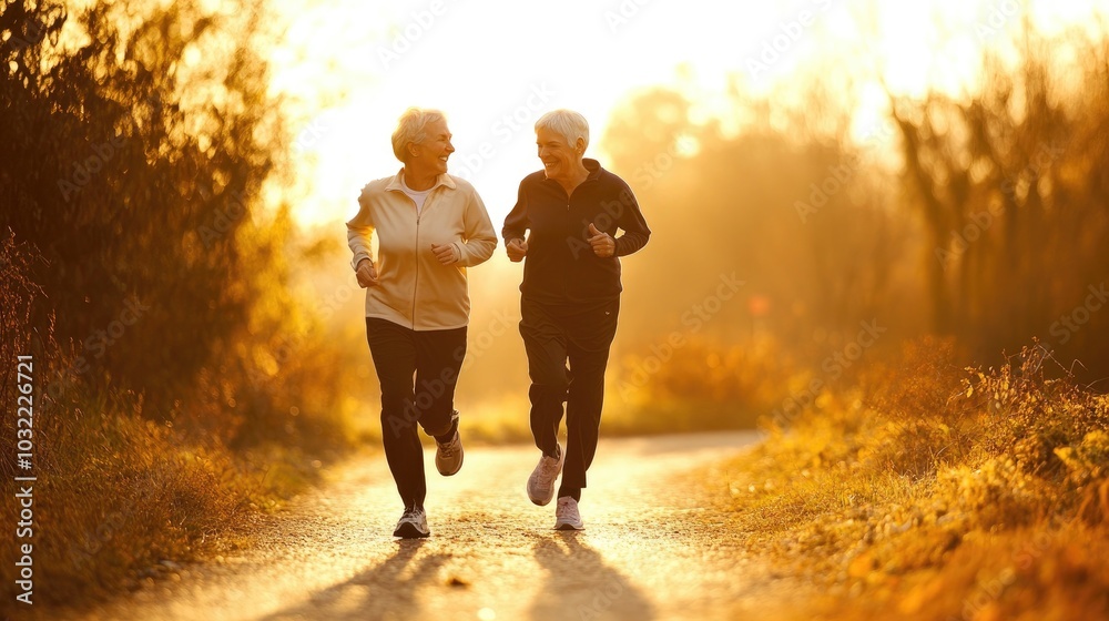 Obraz premium Elderly couple jogging at sunset, healthy lifestyle, active seniors outdoors
