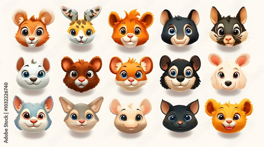 Cute cartoon animal avatars, white background, avatar set