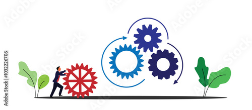 Businessman Pushing a Gear Detail towards Working Cog Mechanism. Business, hard work and determination concept vector art