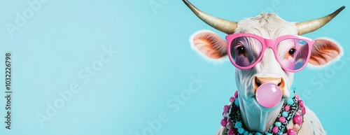 Une vache drôle et amusante portant des lunettes, soufflant dans un chewing-gum, sur un fond coloré. Concept d'image de profil des médias sociaux ou les supports publicitaires.