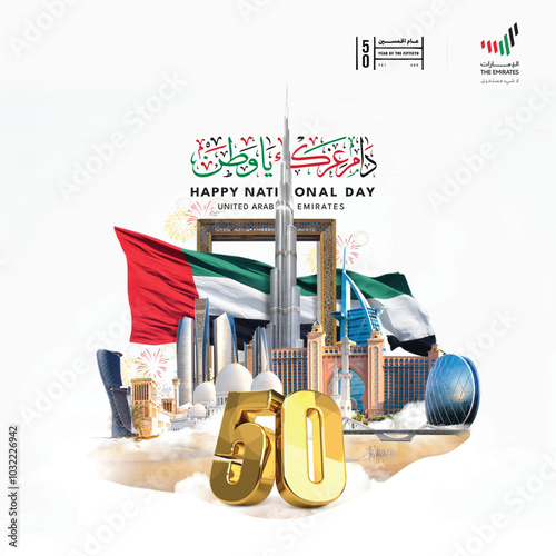 Creative design for UAE National Day 54, also known as Eid al Etihad, featuring the UAE flag and patriotic celebration elements. Perfect for cultural, heritage, and national pride projects related to 