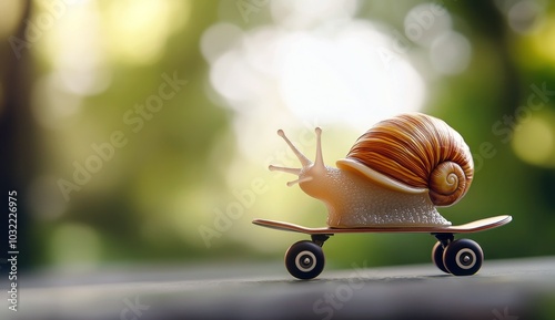 Un escargot sur une planche à roulettes, photo réaliste amusante et drôle, arrière-plan flou et effet bokeh. photo