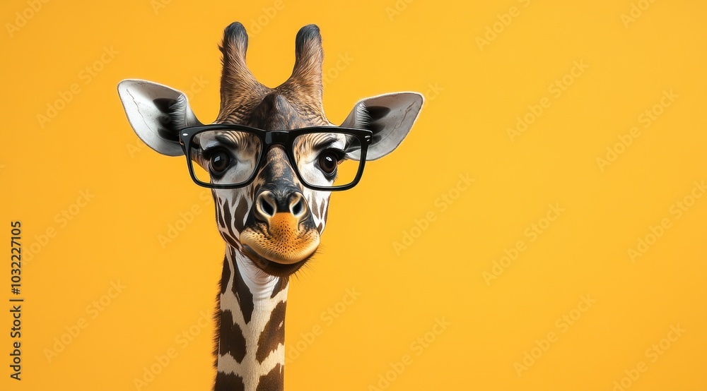 Obraz premium Une adorable girafe portant des lunettes sur un fond isolé orange, concept de personnage amusant, image avec espace pour texte.