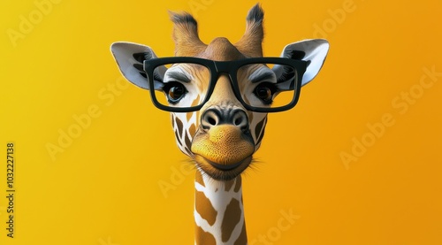 Une adorable girafe portant des lunettes sur un fond isolé orange, concept de personnage amusant, image avec espace pour texte.