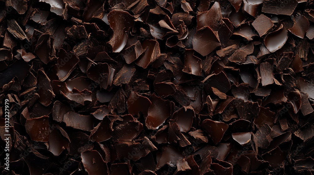 Fototapeta premium A background completely filled with dark chocolate shavings, packed tightly to create a rich, textured surface with a luxurious and indulgent feel.