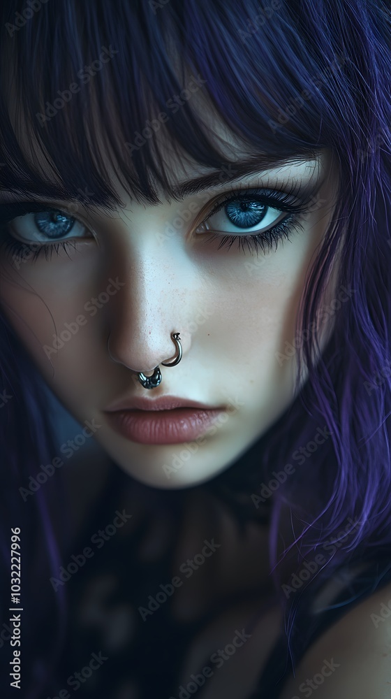 A girl with black and purple hair, blue eyes, a nose ring, pale skin, and dark, emo style A girl with black and purple hair, blue eyes, a nose ring, pale skin, and dark, emo style