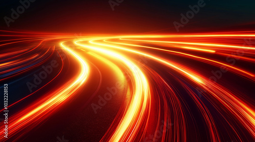 Abstract light trails of red and yellow on dark background resembling headlights.

