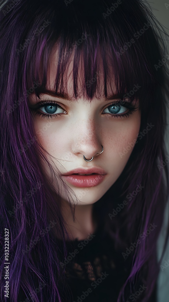 A girl with black and purple hair, blue eyes, a nose ring, pale skin, and dark, emo style A girl with black and purple hair, blue eyes, a nose ring, pale skin, and dark, emo style