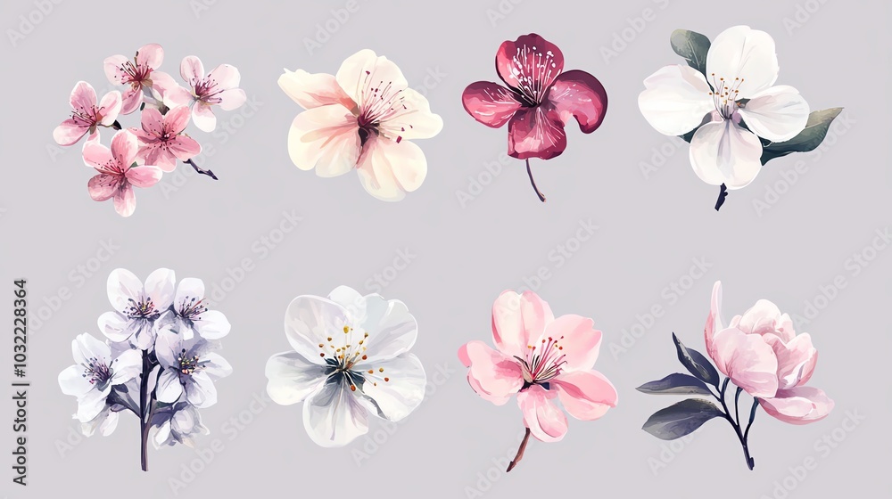 A collection of hand-painted spring blossoms in a seamless pattern A collection of hand-painted spring blossoms in a seamless pattern