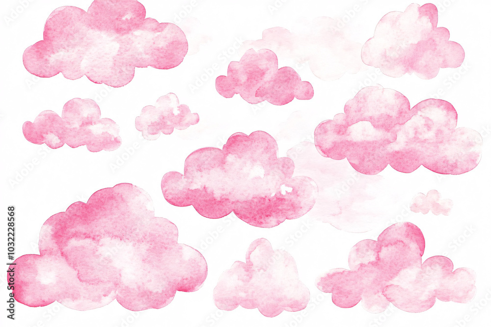 Delicate pink watercolor clouds scattered over a white background, creating a whimsical and gentle visual effect
Delicate pink watercolor clouds scattered over a white background, creating a whimsical and gentle visual effect