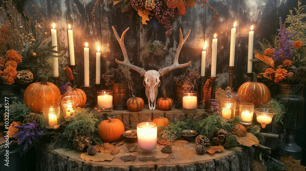 Outdoor Samhain altar with candles, pumpkins, and a deer skull. Outdoor Samhain altar with candles, pumpkins, and a deer skull.