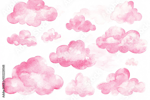 Delicate pink watercolor clouds scattered over a white background, creating a whimsical and gentle visual effect