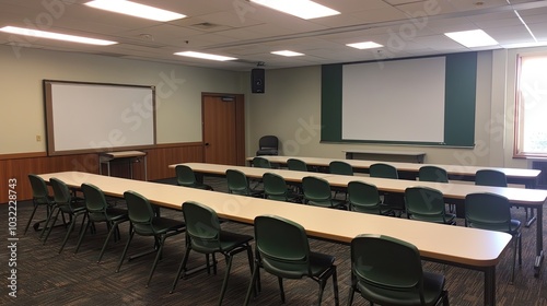 Classroom Interior with Desks and Chairs Setup