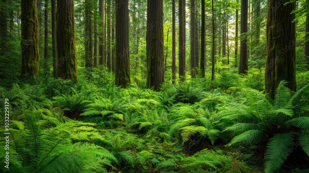 Lush Green Forest with Tall Trees and Ferns Lush Green Forest with Tall Trees and Ferns