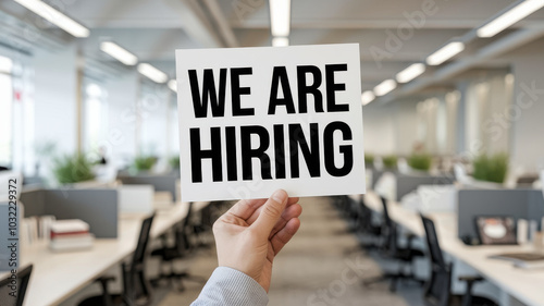 We are hiring sign in modern office setting, conveying opportunity and growth