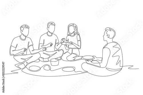 Friends on a picnic. Picnic gathering concept one-line drawing